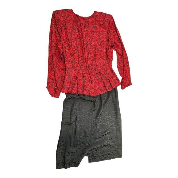 Silk Studio Women's Patterned Long Sleeve Vintage Peplum Dress Red Black Sz 12 - Picture 6 of 9